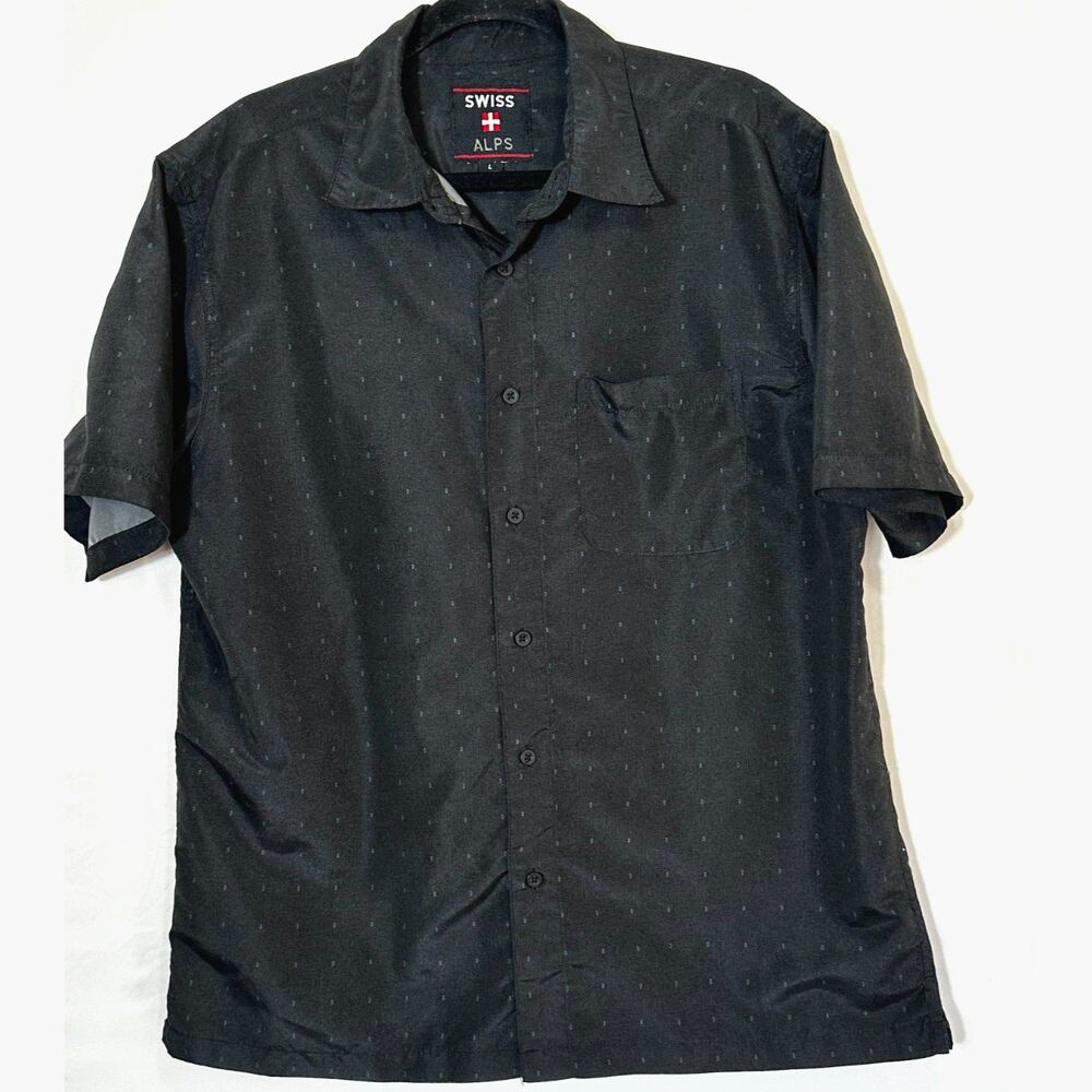 Swiss Alps Men's Short Sleeve Button Down Shirt Black/Blue Texture Pattern SZ L